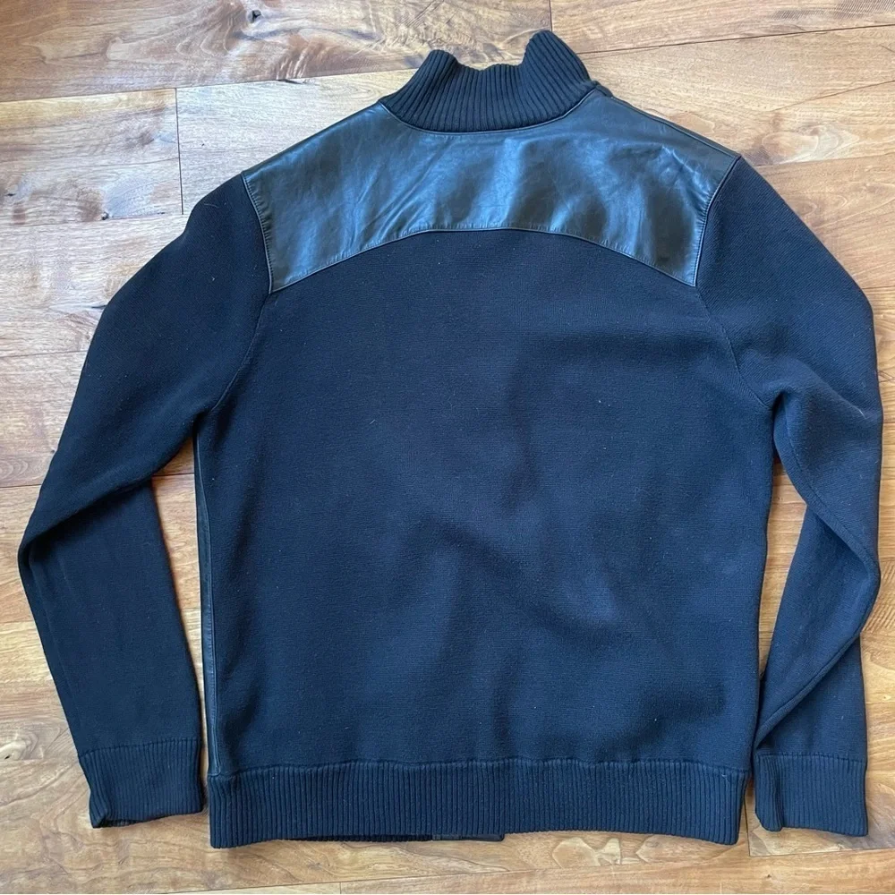 Tre Vero Men's Black Leather Sweater Jacket Button Front Stand Collar size L